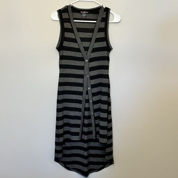 Delirious Los Angeles‎ Striped Button front dress Womens Medium Black Gray Knit - Picture 1 of 9